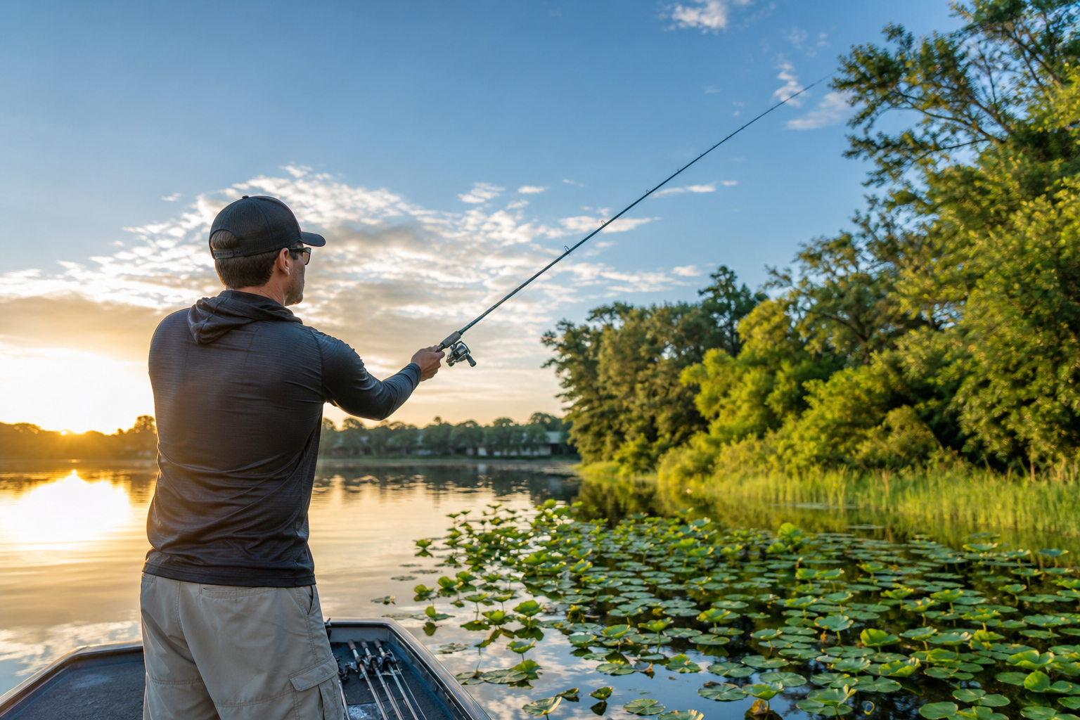 Angler casting on a bass lake at sunrise